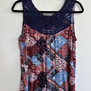 Loveappella StitchFix Blue multicolor Crochet Yoke Knit Top, sz L